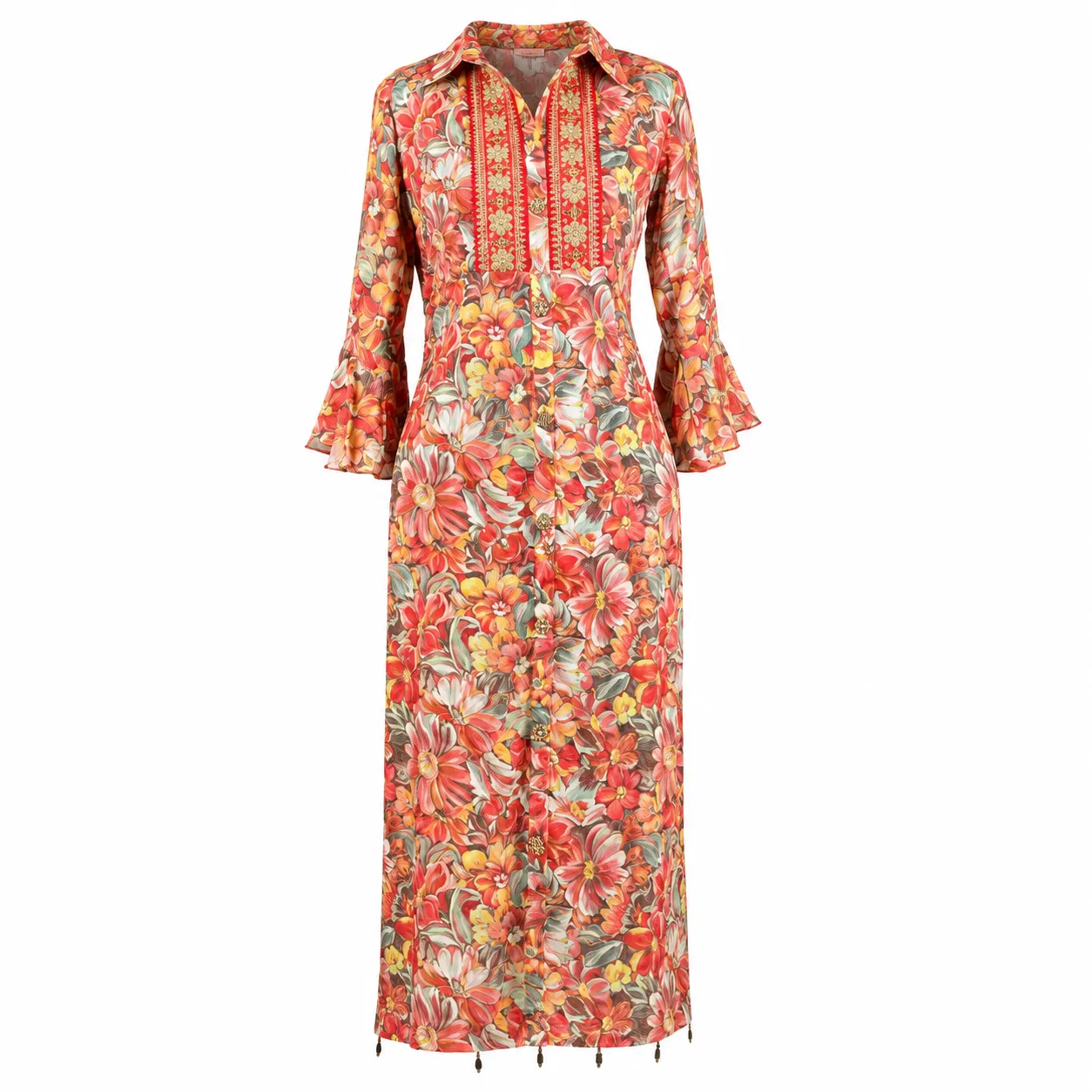 Women's Floral Print Straight Long Shirt with Embroidered Yoke & Flared Sleeves